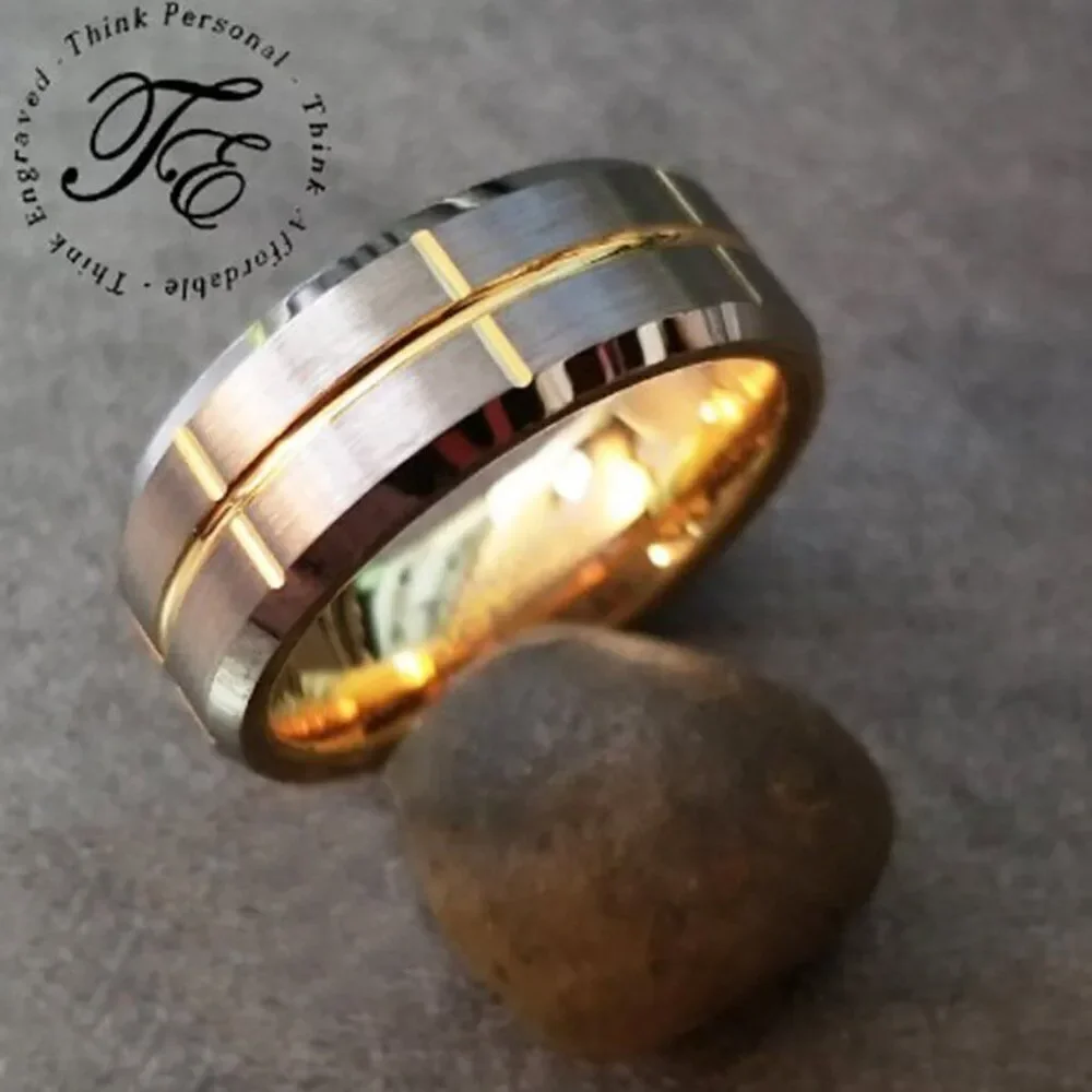 Men's Real Tungsten Promise Ring Brushed Steel 14k Gold Grooves - Guy's Ring